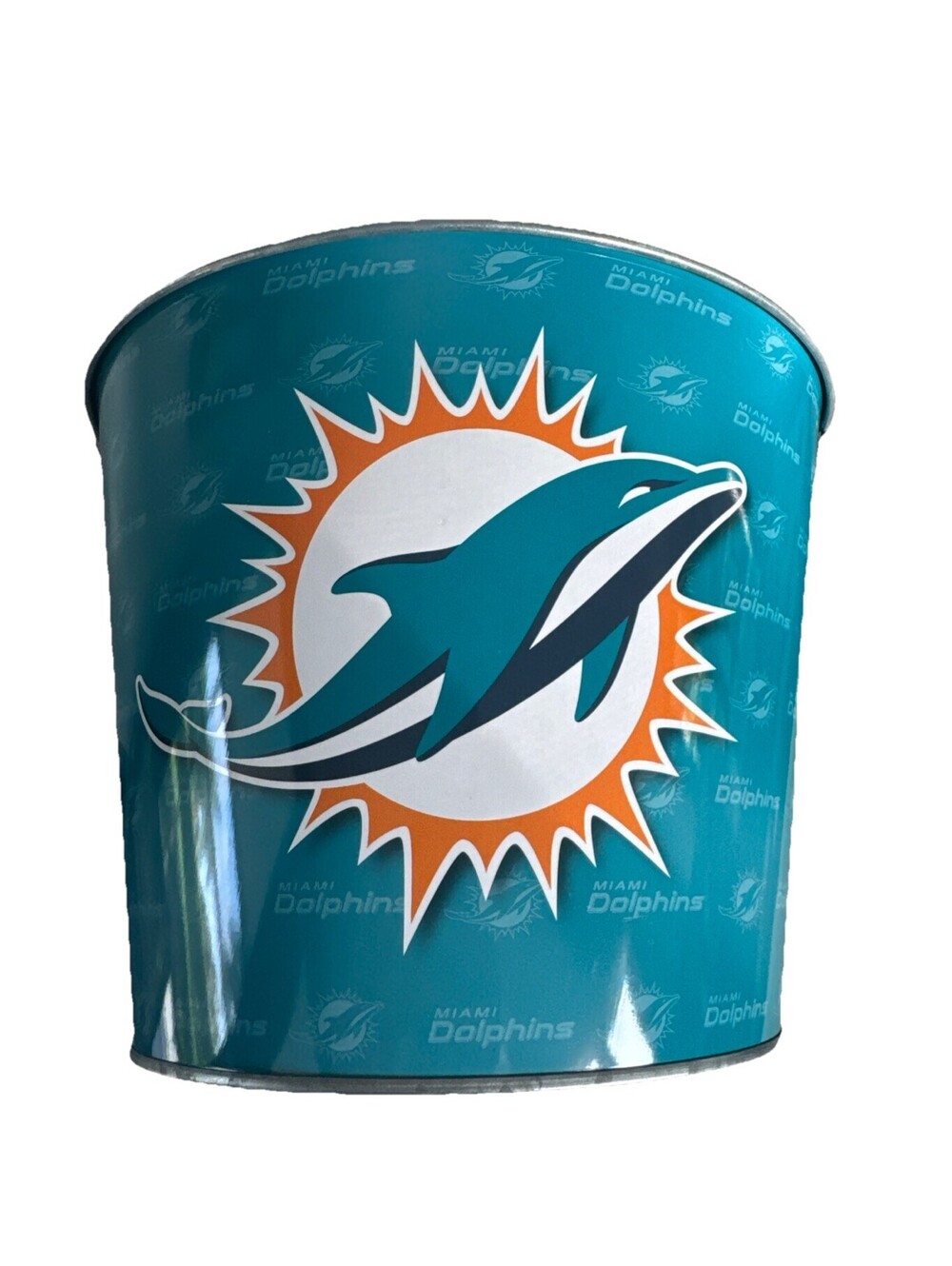 Miami Dolphins branded metal bucket with a handle. Ice Pail